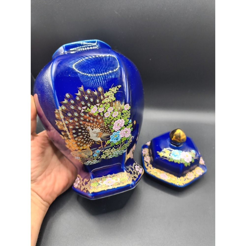 Vintage 1970-80s Japanese Cobalt Blue Ginger Jar - Golden Love Peacock 9" Lidded - Picture 1 of 13